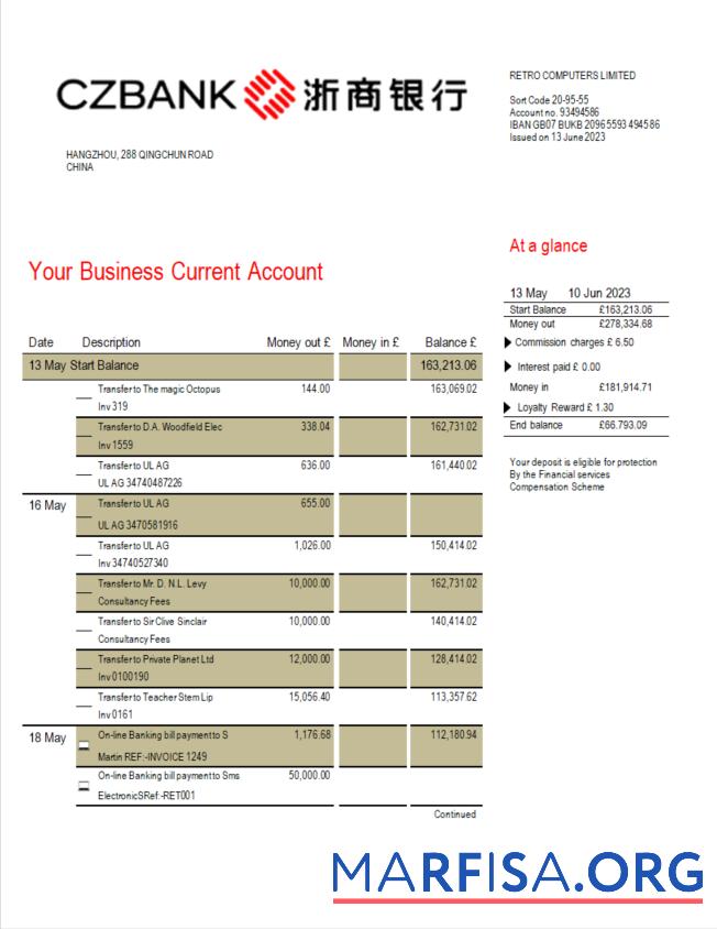 Realistic China Zheshang Bank business bank statement Word and PDF template